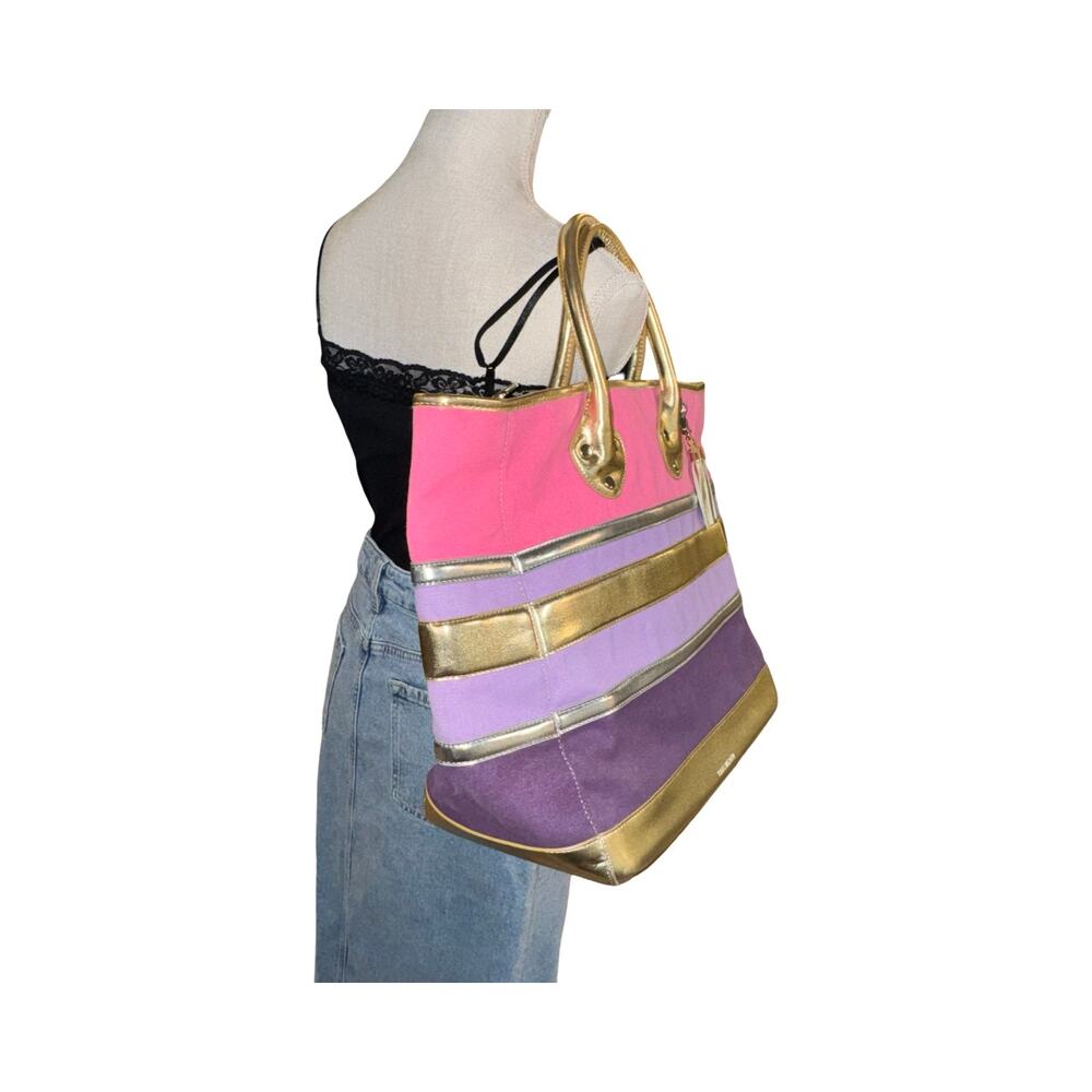 Isaac Mizrahi Canvas Beach Tote Gold Pink Purple Large - Picture 6 of 9